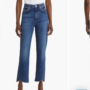 Rag & Bone Harlow Mid-Rise Straight Leg Fray Curve Hem Jeans in Marine